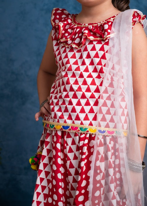 Three Piece Cotton Block Print Red and White Traditional Lehnga/Chaniya Choli Dupatta Set For Girls