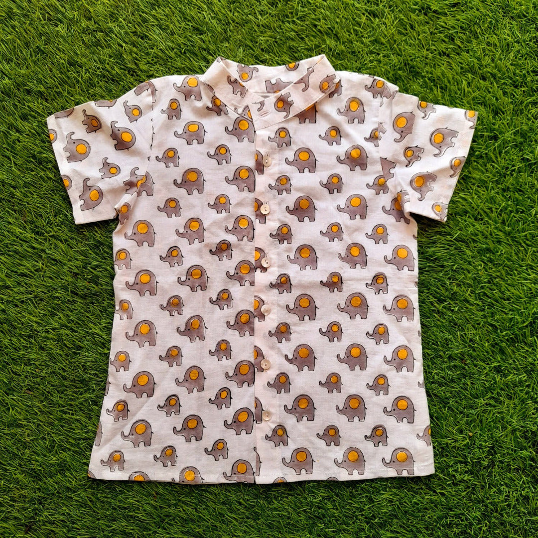 Grey & Yellow Cotton Block Print Animal Shirt For Boys