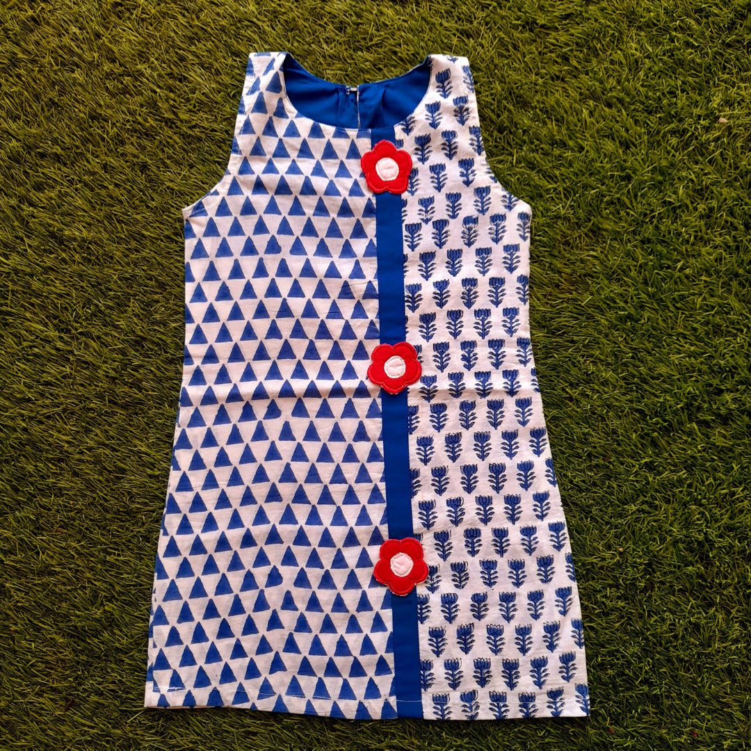 Blue Cotton Block Print Sleevless Dress With Appliqué Red Flowers For Girl's