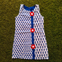 Thumbnail for Blue Cotton Block Print Sleevless Dress With Appliqué Red Flowers For Girl's