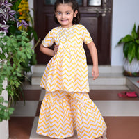 Thumbnail for Yellow chevron Block Printed Cotton Sharara Kurta Set With Gota Embroidery For Girl