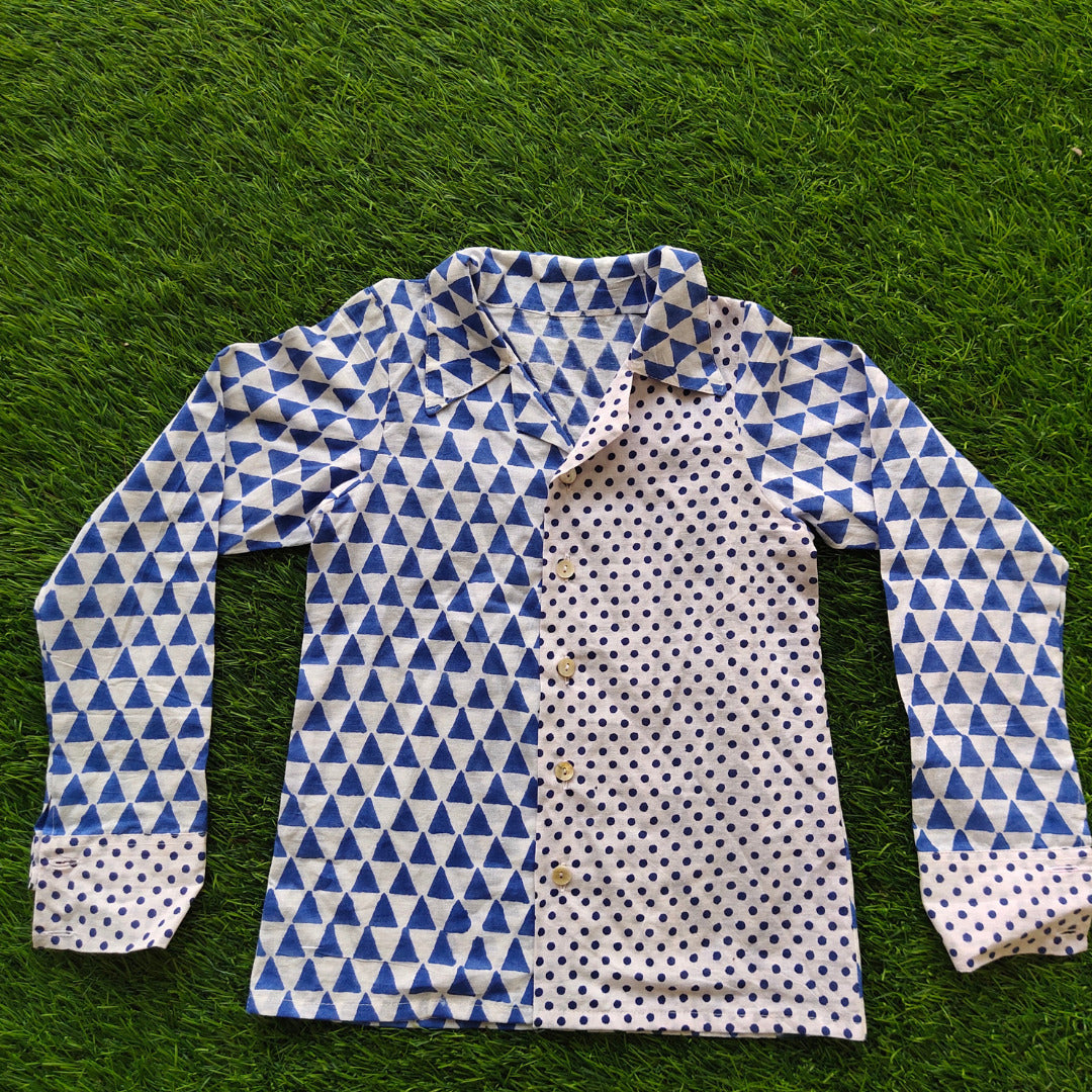 Blue & White Cotton Block Print Full Sleeves Shirt For Boys
