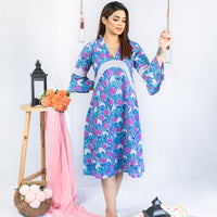 Thumbnail for Blue Floral Cotton Mid Length Dress for Women