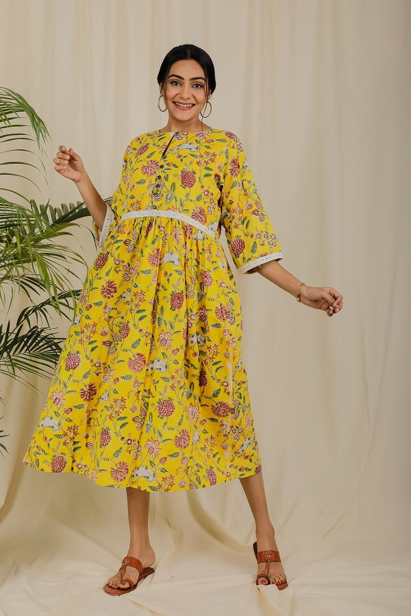 Yellow Floral Block Print Dress For New Mom