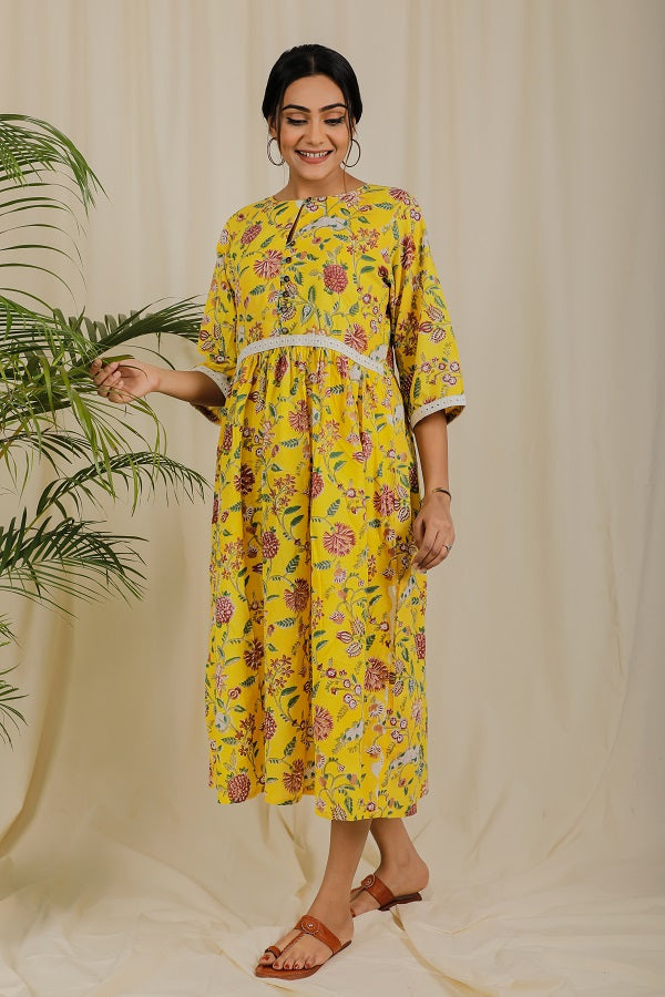 Yellow Floral Block Print Dress For New Mom