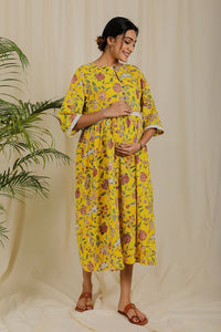 Thumbnail for Yellow Floral Block Print Dress For New Mom