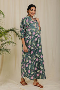 Thumbnail for Sage Green Mauve Lotus Block Print Dress For New Mom