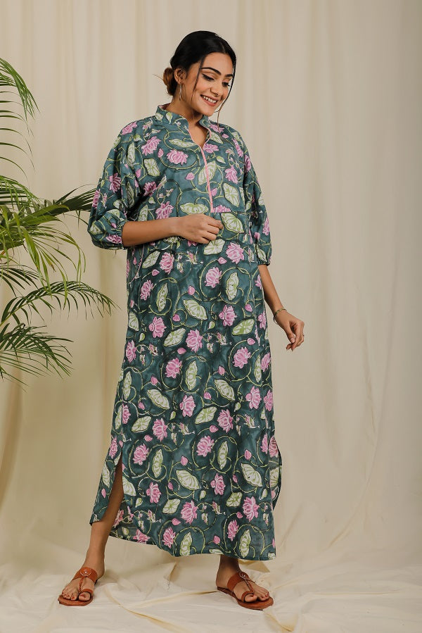 Sage Green Mauve Lotus Block Print Dress For New Mom