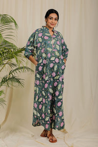 Thumbnail for Sage Green Mauve Lotus Block Print Dress For New Mom