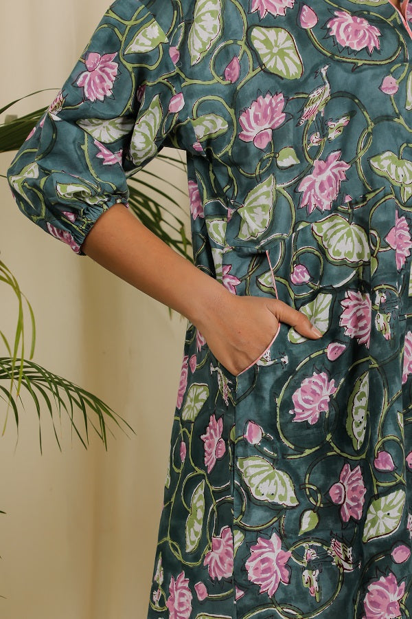 Sage Green Mauve Lotus Block Print Dress For New Mom