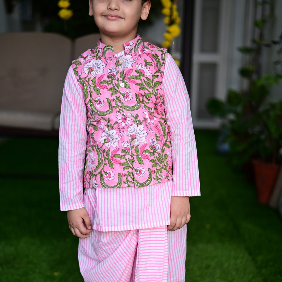 Three Piece Pink Cotton Block Print Traditional Dhoti Kurta Jacket Set For Boys