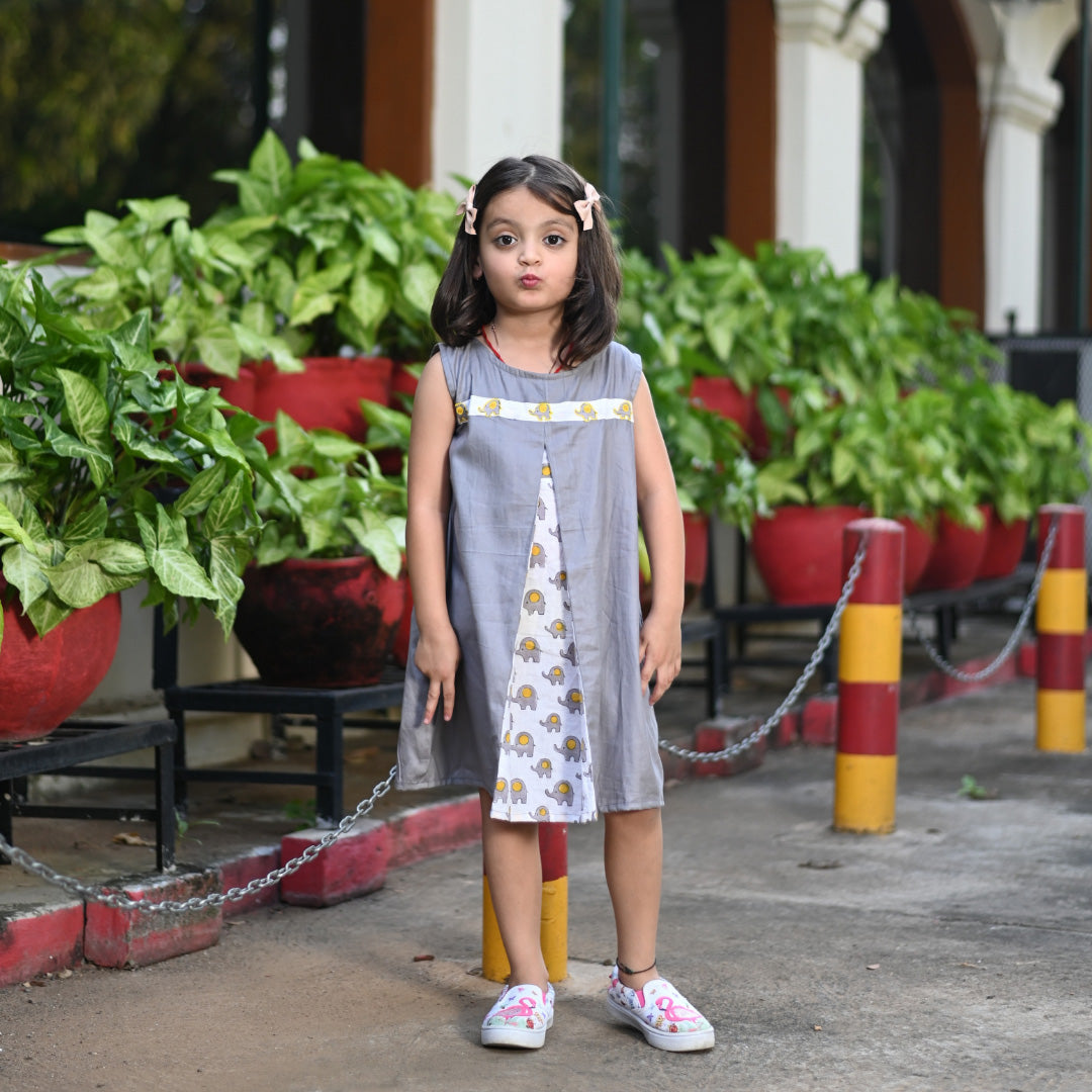 Grey Elephant Print Soft Cotton Sleeveless Embroidered Knee Lenght Dress For Girls