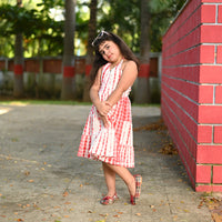 Thumbnail for Red & White Hand Tie & Dye Cotton  Shibori Sleeveless Tiered Mid Length Dress For Girls
