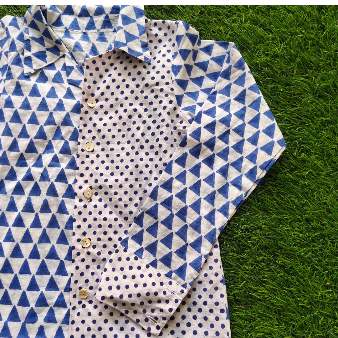 Blue & White Cotton Block Print Full Sleeves Shirt For Boys