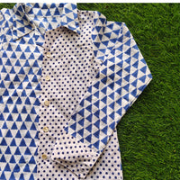 Thumbnail for Blue & White Cotton Block Print Full Sleeves Shirt For Boys