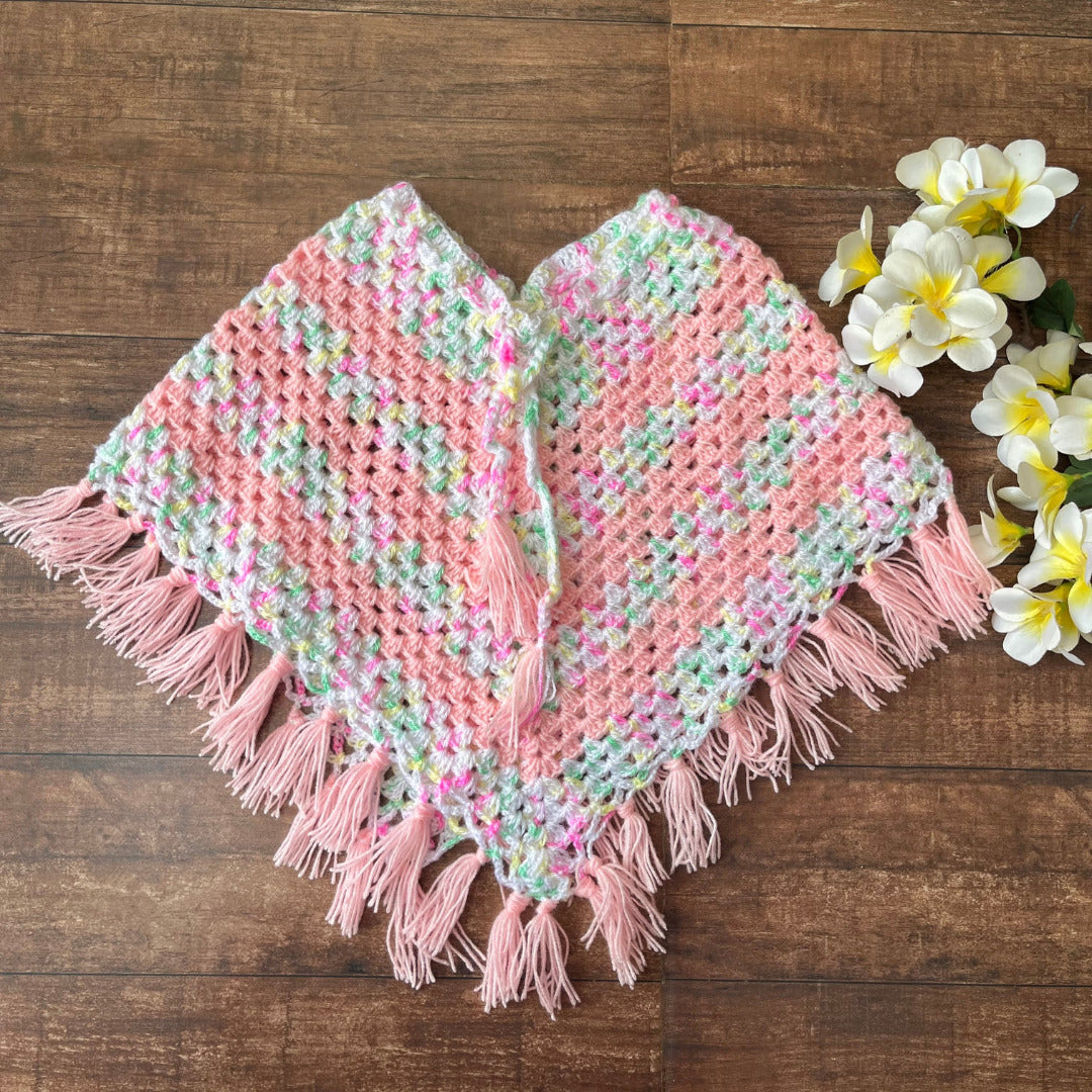 Infant's pink & shaded hand-knitted woollen poncho For Girl's