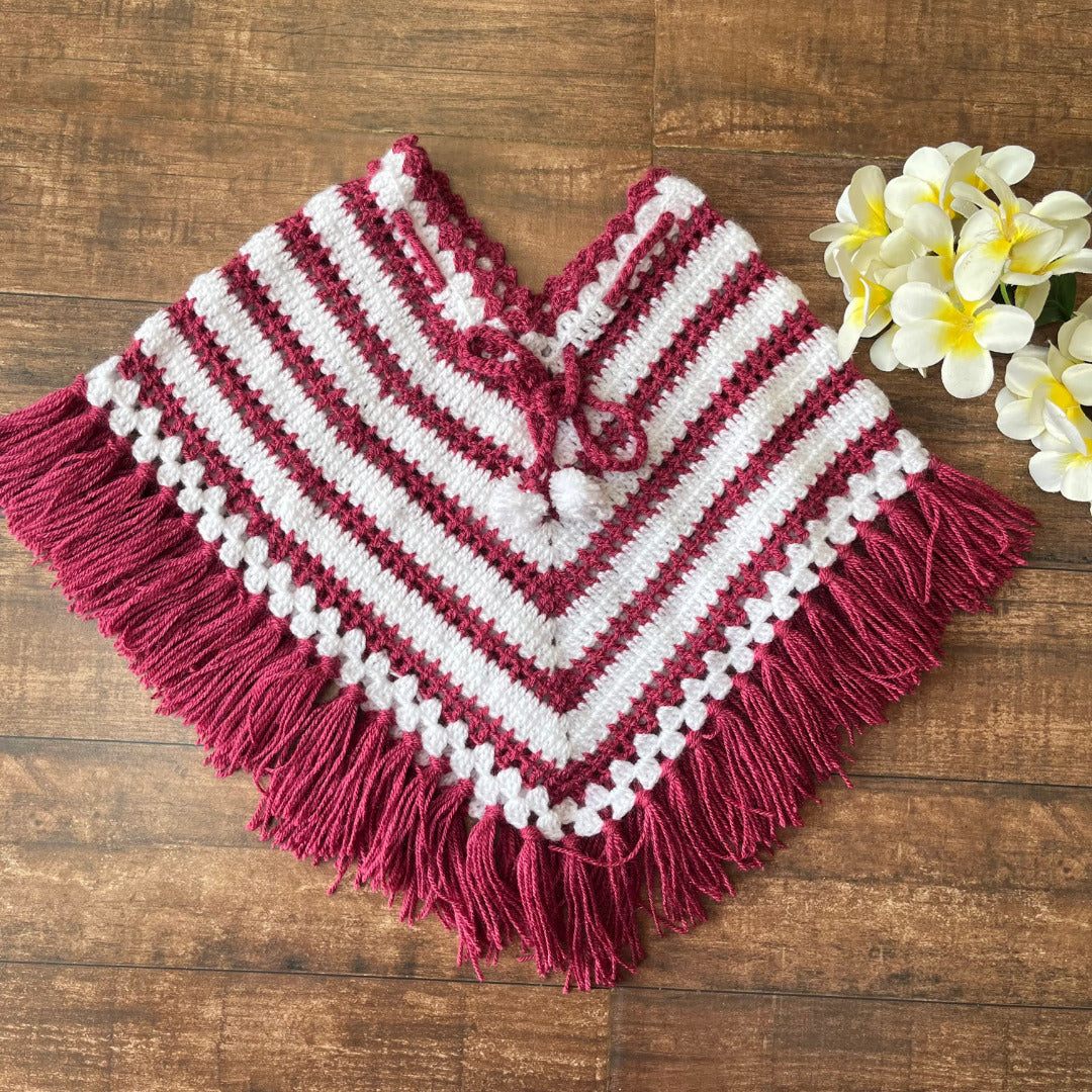 Infant's Burgundy & White hand-Knitted Woollen Poncho For Girl's