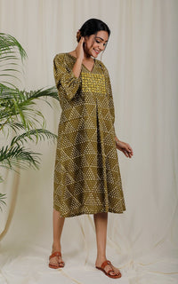 Thumbnail for Olive Green Block Print Dress For New Mom
