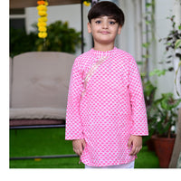 Thumbnail for Pink & White Cotton Block Print Traditional Kurta Pyjama Set For Boys