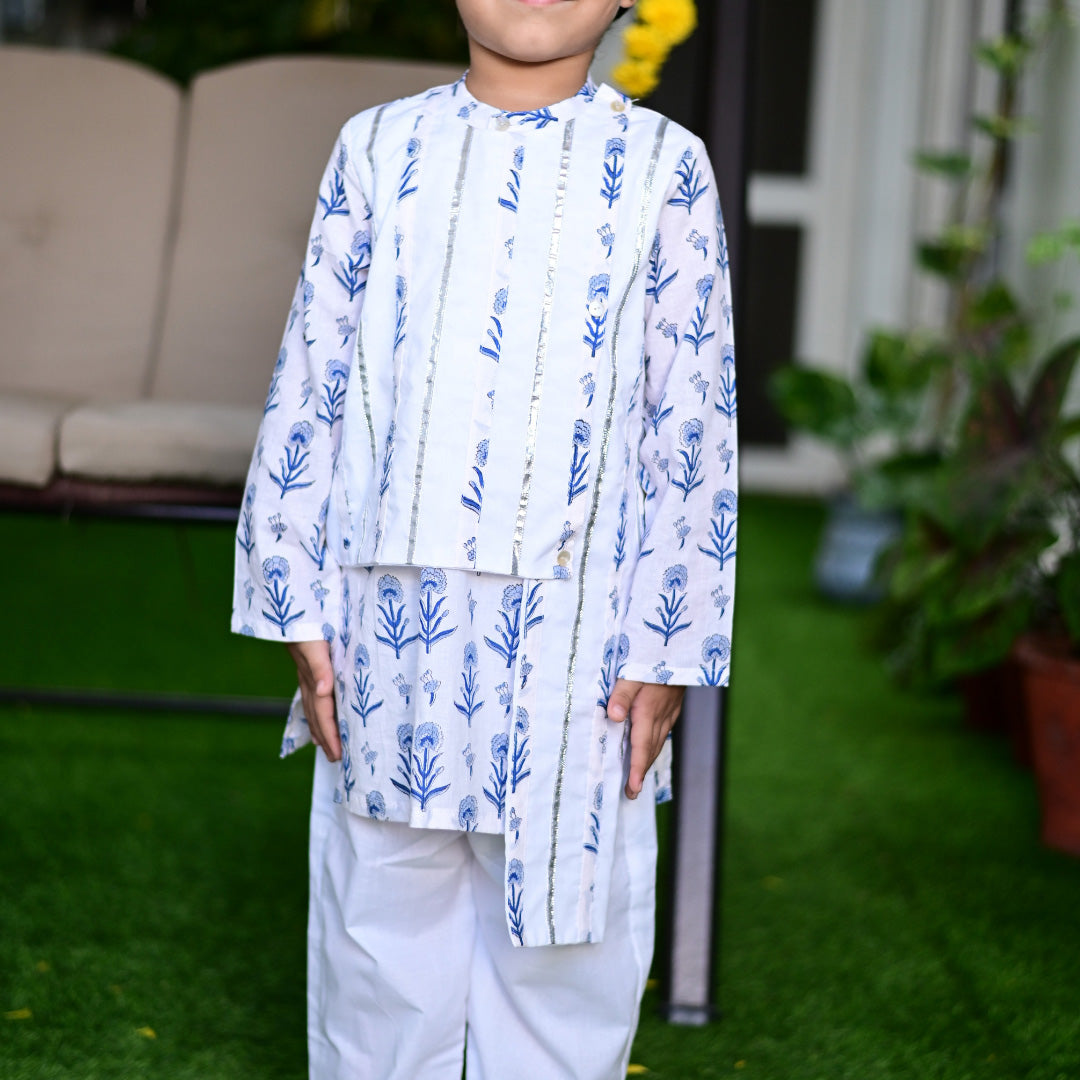 White & Blue Cotton Block Print Asymmetrical Traditional Kurta Pyjama Set For Boys