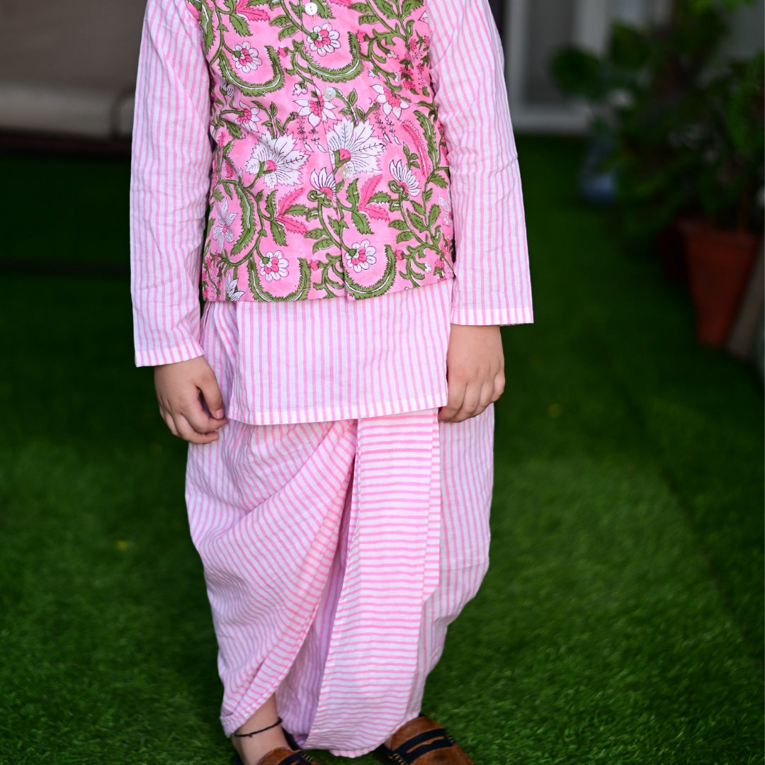 Three Piece Pink Cotton Block Print Traditional Dhoti Kurta Jacket Set For Boys