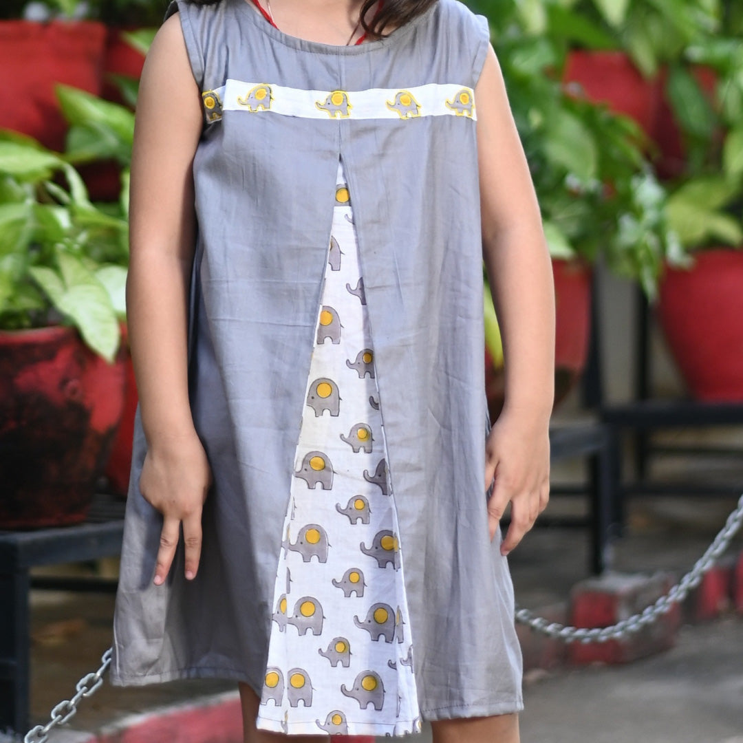 Grey Elephant Print Soft Cotton Sleeveless Embroidered Knee Lenght Dress For Girls