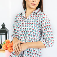 Thumbnail for White & Red Cotton Block Printed Ruffled Short Dress for Woman