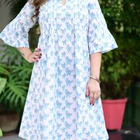 Thumbnail for Ice Blue Cotton Hand Block Print Pleated Dress For Woman