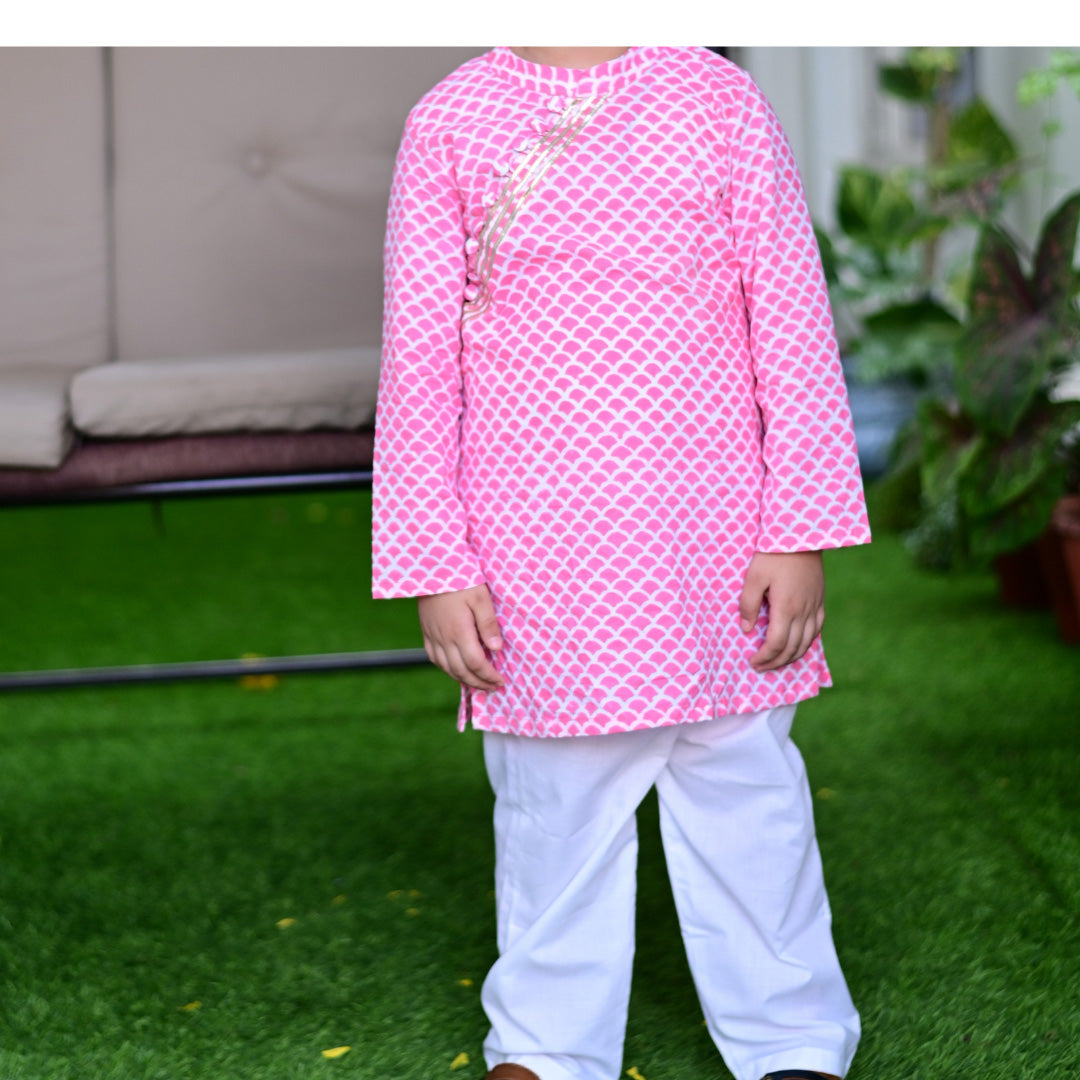 Pink & White Cotton Block Print Traditional Kurta Pyjama Set For Boys