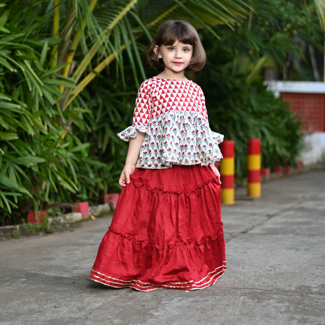 Two Piece Red White Traditional Cotton Block Print Long Skirt