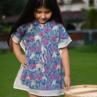 Thumbnail for Purple Blue Block PrintedCotton Shorts Kaften Dress With Tie Up String For Girls