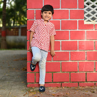 Thumbnail for Red & White Cotton Block Print Shirt For Boys