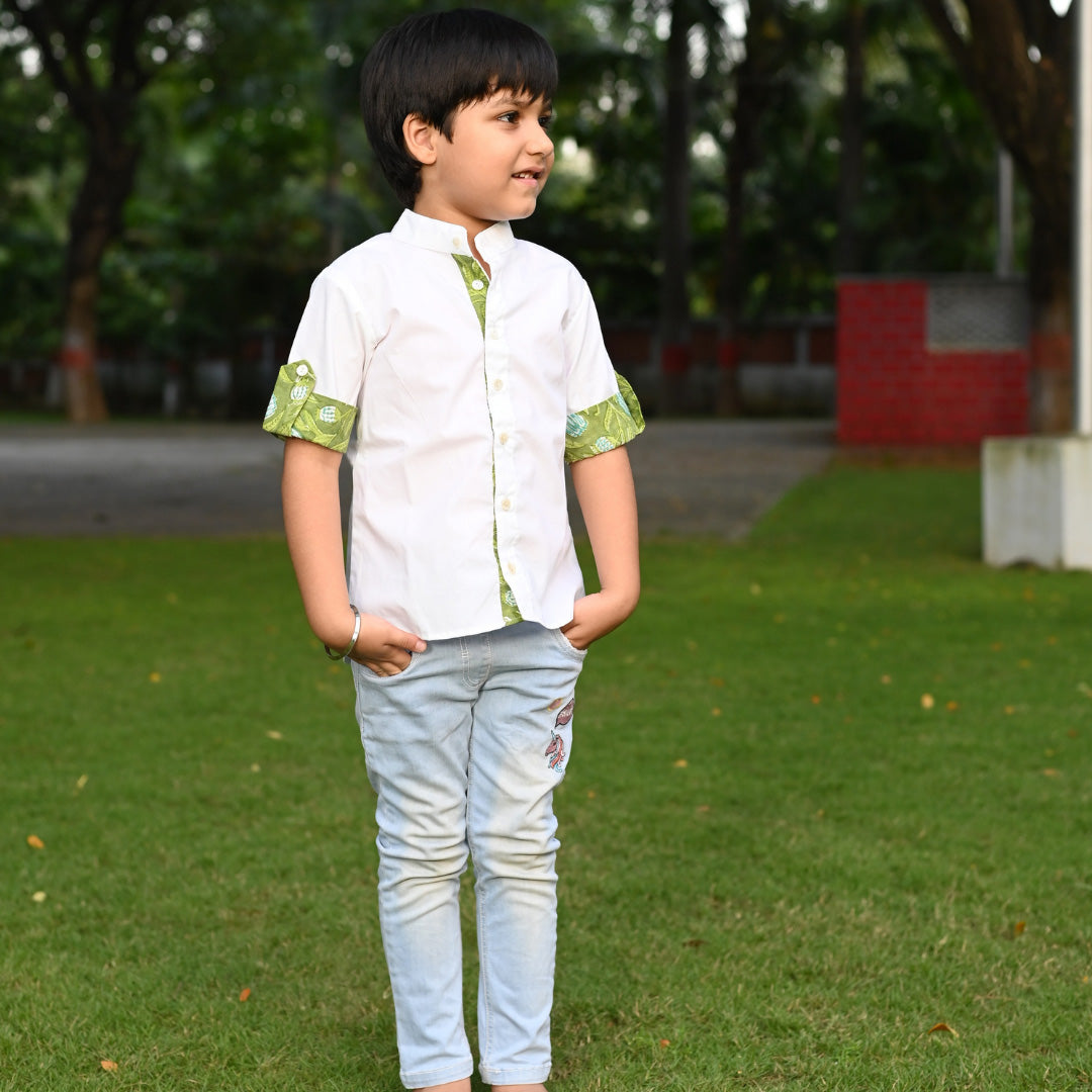 White Cotton with Green Block Print Folded Sleeves Shirt For Boys