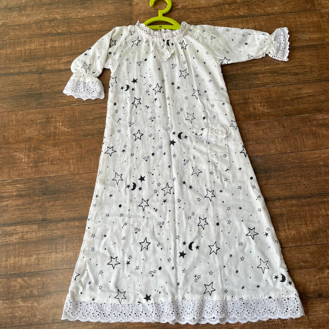 White Soft Cotton Star Print Nighty For Girl's