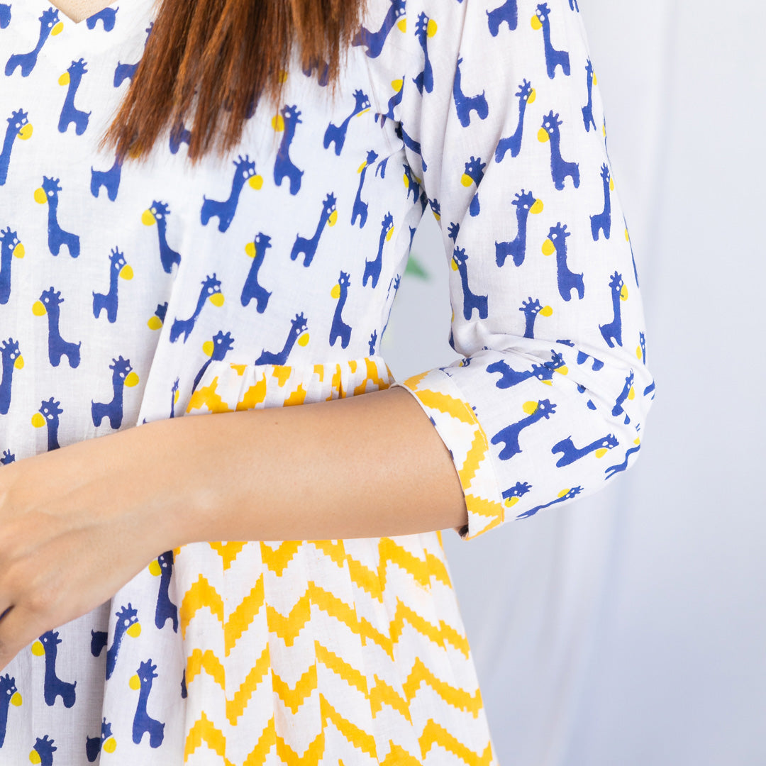 Yellow & Blue Cotton Block Printed Midi Dress for Women