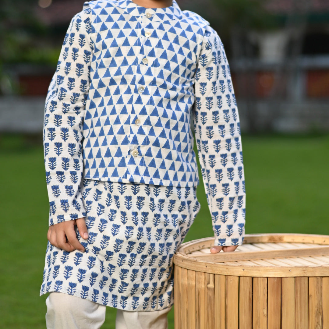 Three Piece White & Blue Cotton Block Print Traditional Kurta Pyjama Jacket Set For Boys