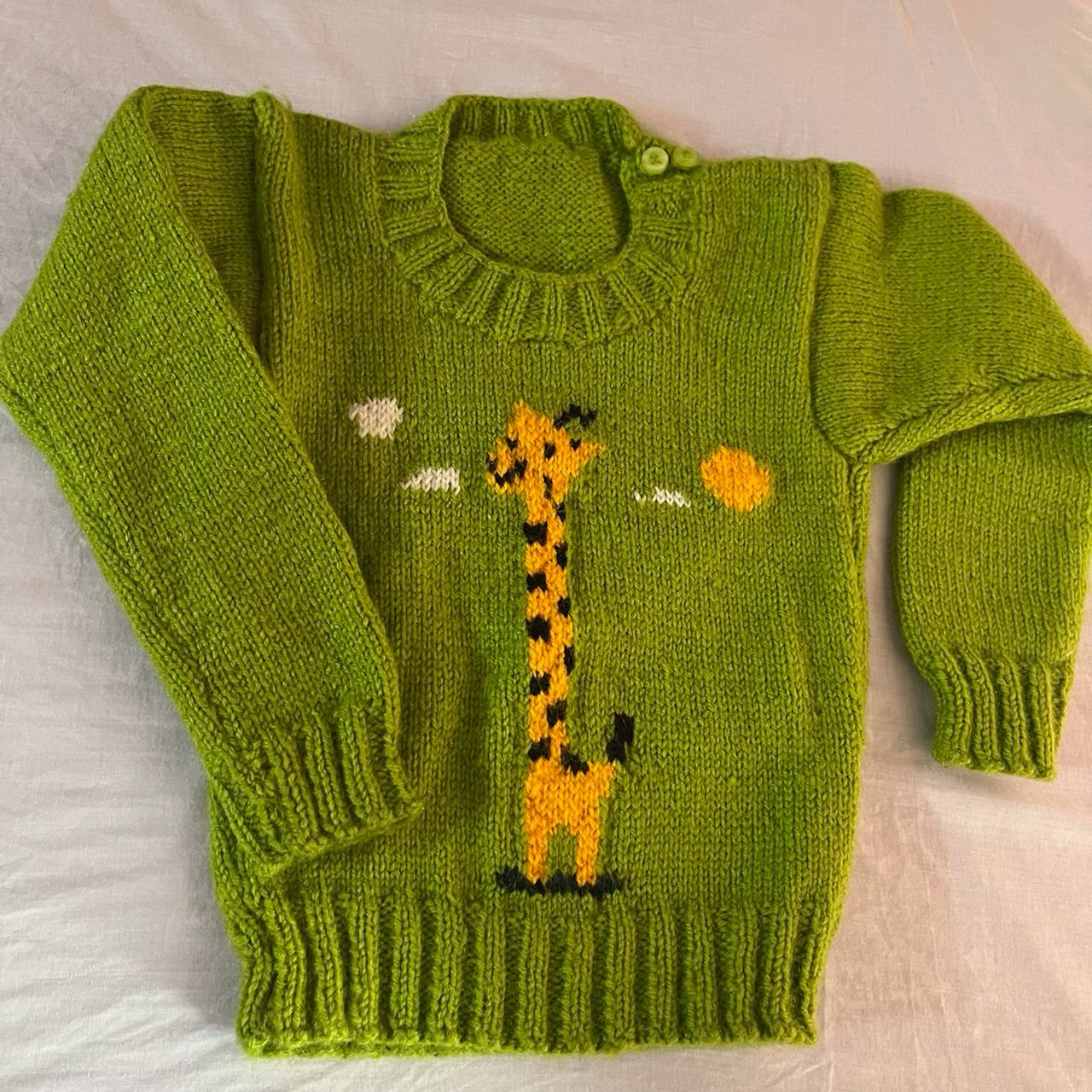 Green Happy Giraffe Woollen Hand Knitted Infant Pullover