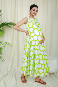 Thumbnail for Lime Green Polka Dots Full Flare Dress For New Moms