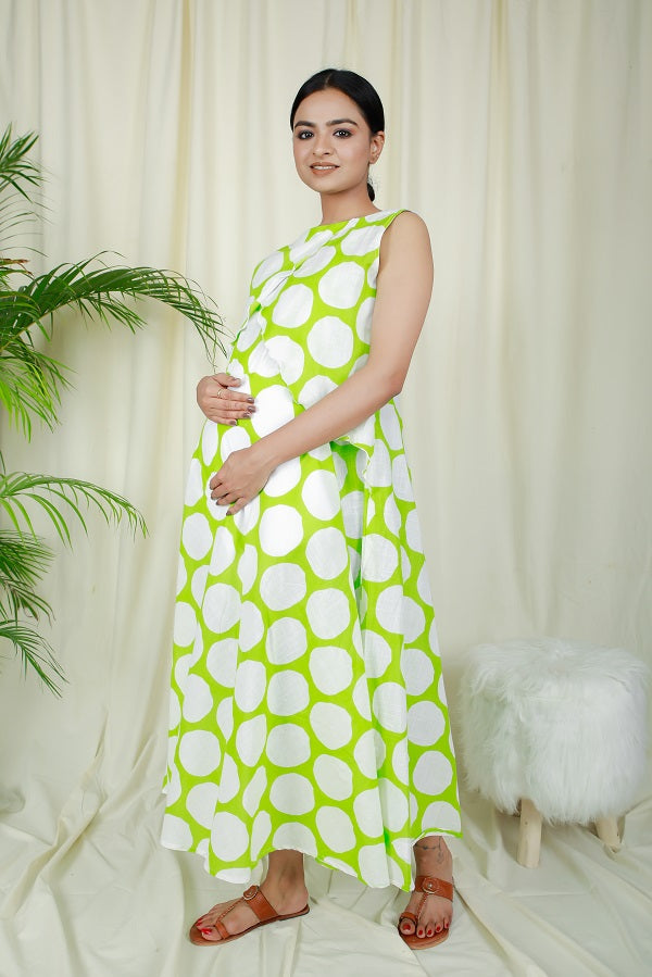 Lime Green Polka Dots Full Flare Dress For New Moms