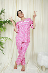 Thumbnail for Candy Pink Block Print Pyjama Set  - thesaffronsaga
