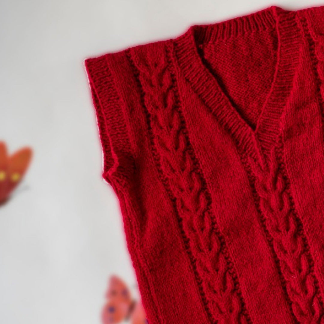 Red Handknitted Woollen Sleeveless Pullover