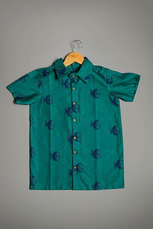 Teal Blue Fish Block Print Cotton Lycra Shirt