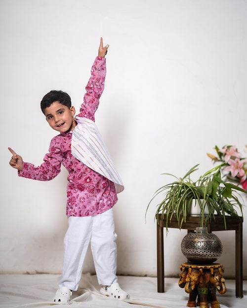 Pink Overlap Traditional Cotton Block Print Kurta Pyjama Set For Boys