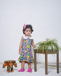 Thumbnail for Multicoloured Cotton Floral Hand Block Printed Sleeveless Dress with Embroidered collar and Frills For Girls