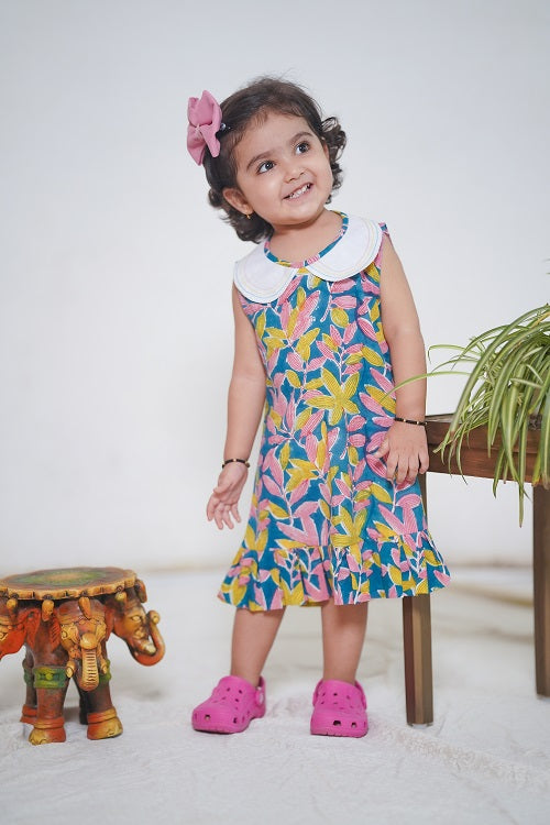 Multicoloured Cotton Floral Hand Block Printed Sleeveless Dress with Embroidered collar and Frills For Girls