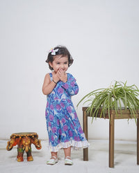 Thumbnail for Blue Cotton Block Print One Shoulder Sleeveless long Indo-western Dress with a White drape For Girls