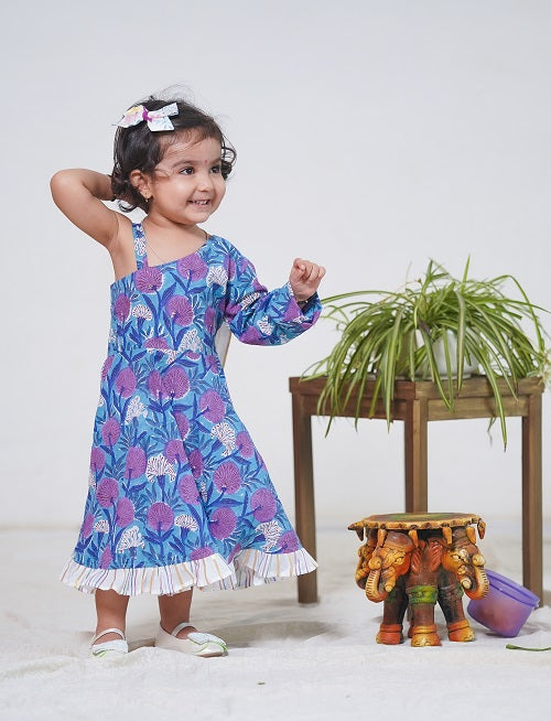 Blue Cotton Block Print One Shoulder Sleeveless long Indo-western Dress with a White drape For Girls