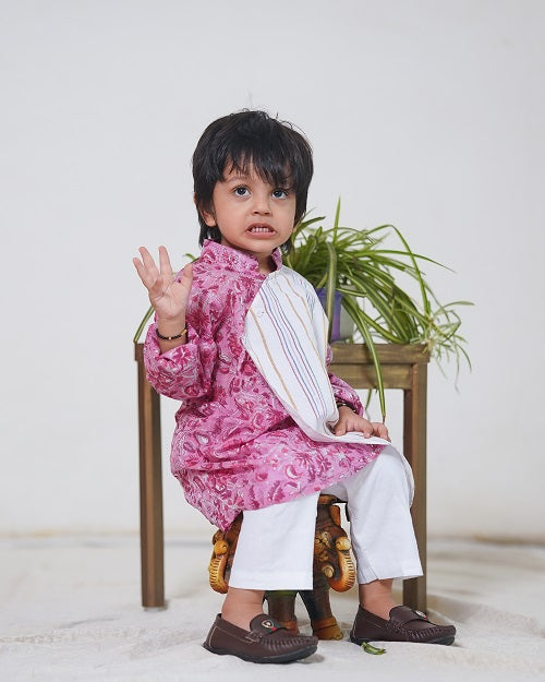 Pink Overlap Traditional Cotton Block Print Kurta Pyjama Set For Boys
