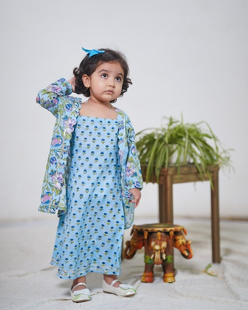 Two Piece Powder Blue Cotton Block PrintTraditional Long Dress With Mid Length Jacket Set For Girls