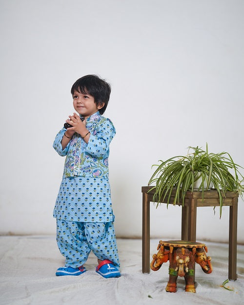 Three Piece Powder Blue Cotton Block Print Traditional Dhoti Kurta Jacket Set For Boys